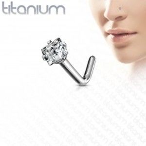 Zahnutý piercing do nosa z titánu - štvorcový brúsený zirkón v kotlíku - Hrúbka piercingu: 1 mm, Veľkosť hlavičky: 3 mm