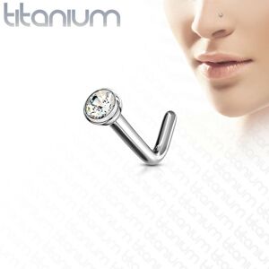 Zahnutý piercing do nosa z titánu - drobný okrúhly zirkón v objímke, 0,8 mm - Farba zirkónu: Ružová - P
