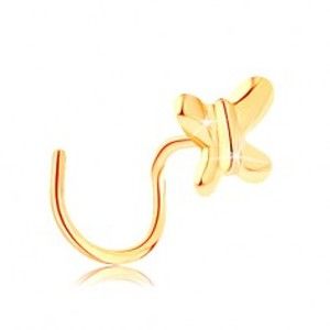 Šperky eshop - Zahnutý piercing do nosa zo žltého zlata 585 - malý lesklý motýlik GG142.07