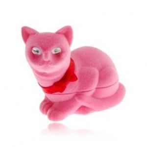 Šperky eshop - Zamatová krabička na náušnice, ružová mačka s mašľou VY1
