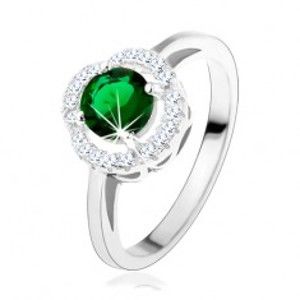 Zásnubný prsteň, okrúhly zelený zirkón, zvlnený lem čírej farby, striebro 925 - Veľkosť: 54 mm