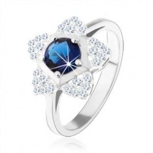 Zásnubný prsteň, striebro 925, ligotavý kvietok, okrúhly modrý zirkón - Veľkosť: 53 mm