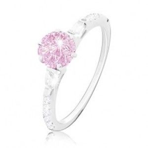 Zásnubný prsteň, striebro 925, okrúhly ružový zirkón, trblietavé ramená - Veľkosť: 54 mm