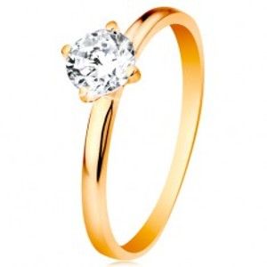Šperky eshop - Zásnubný prsteň v žltom 14K zlate - hladké ramená, žiarivý okrúhly zirkón čírej farby GG192.83/89 - Veľkosť: 58 mm