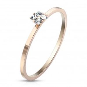 Zásnubný prsteň z ocele medenej farby - číry zirkón v tvare štvorca, lesklý povrch - Veľkosť: 54 mm