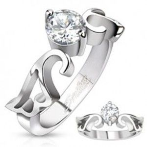 Šperky eshop - Zásnubný prsteň z ocele s čírym zirkónom a výrezom krídiel L1.01 - Veľkosť: 54 mm