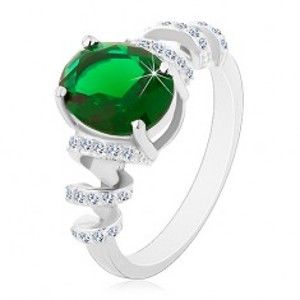 Zásnubný ródiovaný prsteň, striebro 925, oválny zelený zirkón, ligotavé špirály - Veľkosť: 50 mm