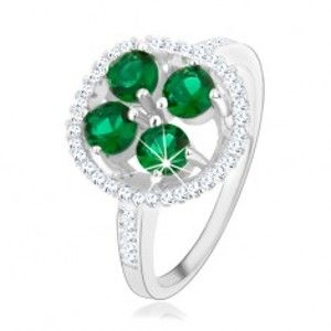 Zásnubný strieborný prsteň 925, okrúhly ligotavý kvet, zelené zirkóny - Veľkosť: 52 mm