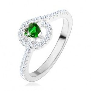 Zásnubný strieborný prsteň 925, zelené zirkónové srdiečko, trblietavé línie - Veľkosť: 52 mm