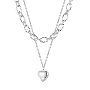 Zdvojený oceľový náhrdelník - vypuklé asymetrické srdce, strieborná farba