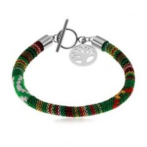 Šperky eshop - Zelený náramok vyšívaný farebnými nitkami, oceľový prívesok - strom života Z25.07