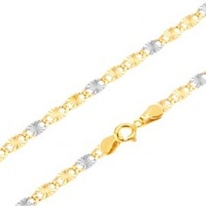 Šperky eshop - Zlatá retiazka 585 - dvojfarebné ploché lúčovito ryhované články, 500 mm GG26.30