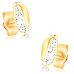 Šperky eshop - Zlaté 14K náušnice - dvojfarebné zvlnené zrnko so zirkónmi a výrezom GG210.58