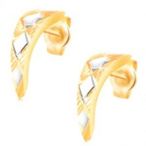 Šperky eshop - Zlaté 14K náušnice - lesklý zúžený oblúk s kosoštvorcami z bieleho zlata GG217.64