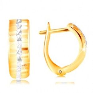 Šperky eshop - Zlaté 14K náušnice - ligotavý brúsený povrch, línia z bieleho zlata v strede GG217.10