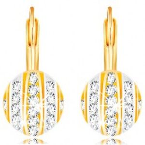 Šperky eshop - Zlaté 14K náušnice - polgulička s pásmi bieleho a žltého zlata, číre zirkóny GG210.39