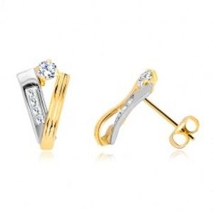 Šperky eshop - Zlaté 14K náušnice - stuha zo žltého a pás z bieleho zlata, číre zirkóny GG36.40