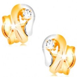 Šperky eshop - Zlaté 14K náušnice, dvojfarebná kontúra kvapky so žiarivým diamantom BT501.32