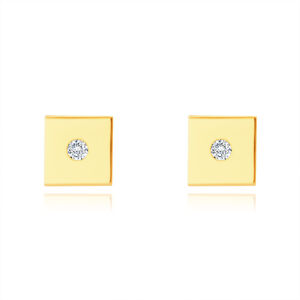 Zlaté 14K náušnice - hladký lesklý štvorček, drobný okrúhly zirkón, puzetové zapínanie