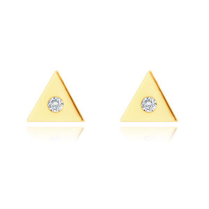 Zlaté 14K náušnice - malý trojuholník s čírym zirkónom v strede, puzetky