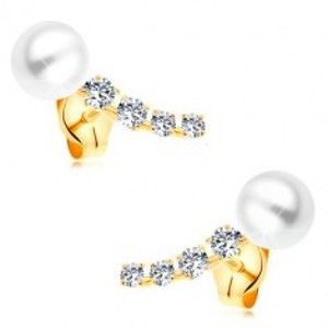 Šperky eshop - Zlaté 14K náušnice, žiarivý zirkónový oblúk a biela guľatá perla bielej farby GG177.51