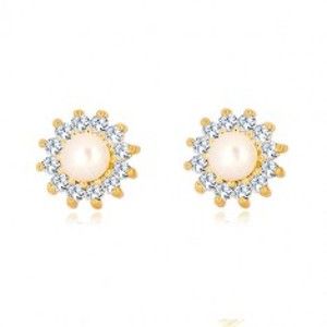 Šperky eshop - Zlaté 9K náušnice - trblietavý zirkónový kvet, perla bielej farby, puzetky GG39.31