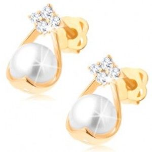 Šperky eshop - Zlaté briliantové náušnice 585 - štyri diamanty, kontúra kvapky s bielou perlou BT503.46