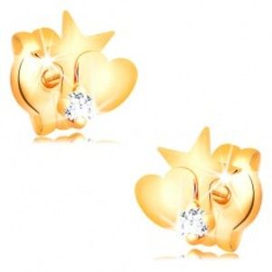 Šperky eshop - Zlaté diamantové náušnice 585 - hviezda a srdce, okrúhly číry briliant BT501.15