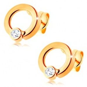 Šperky eshop - Zlaté diamantové náušnice 585 - lesklá obruč s briliantom čírej farby BT501.20