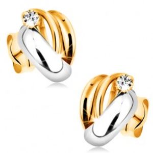 Šperky eshop - Zlaté diamantové náušnice 585 - lesklé dvojfarebné oblúky, číry okrúhly briliant BT501.10