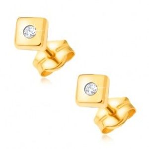 Šperky eshop - Zlaté ligotavé náušnice 585 - lesklé štvorce s drobným čírym kamienkom v strede GG21.12