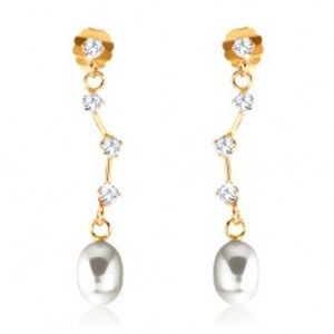 Šperky eshop - Zlaté náušnice 375 - číre zirkóny na asymetrickej paličke, oválna biela perla GG53.13