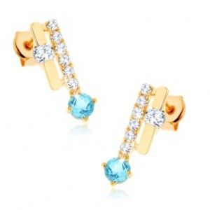 Šperky eshop - Zlaté náušnice 375 - dva pásiky, ligotavý modrý topás, číre zirkóny GG63.24