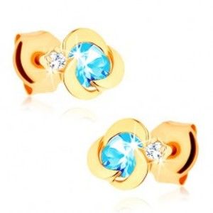 Šperky eshop - Zlaté náušnice 375 - kvietok s oblými lupeňmi, modrý topásový stred GG61.01