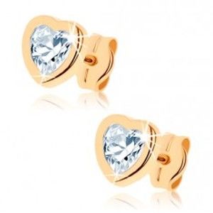 Šperky eshop - Zlaté náušnice 375 - lesklá kontúra pravidelného srdca, číry zirkón GG80.08