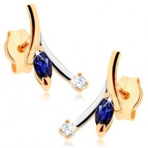 Šperky eshop - Zlaté náušnice 375 - modrý zrnkový zafír, číry zirkón, dvojfarebný konárik GG76.01