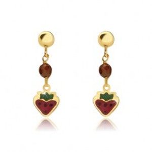 Šperky eshop - Zlaté náušnice 375 - plochá červeno-zelená jahôdka, gulička, glazúra GG02.42