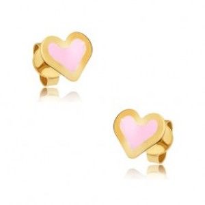 Šperky eshop - Zlaté náušnice 375 - ploché symetrické srdcia, lesklý ružový email GG03.26