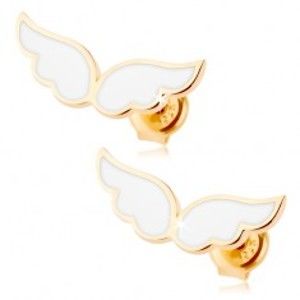 Šperky eshop - Zlaté náušnice 585 - anjelské krídla zdobené bielou glazúrou, puzetky GG85.14