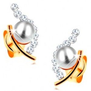 Šperky eshop - Zlaté náušnice 585 - biela guľatá perla v neúplnom obryse zrnka, číre zirkóny GG161.10