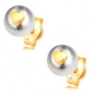 Šperky eshop - Zlaté náušnice 585 - biela perla s lesklým súmerným srdiečkom GG16.09