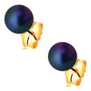 Šperky eshop - Zlaté náušnice 585 - guľatá perla s farebným odleskom, puzetové zapínanie GG188.27