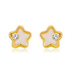 Šperky eshop - Zlaté náušnice 585 - hviezdička s bielou prírodnou perleťou a čírym zirkónom GG36.14
