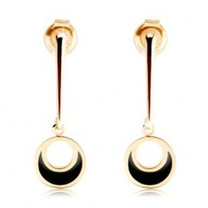 Šperky eshop - Zlaté náušnice 585 - kruh visiaci na rovnej paličke, výrez, čierna glazúra GG86.25