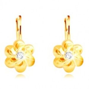 Šperky eshop - Zlaté náušnice 585 - kvet so šiestimi oblými lupienkami, číry zirkón uprostred GG219.31