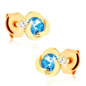 Šperky eshop - Zlaté náušnice 585 - kvietok s oblými lupeňmi, modrý topásový stred GG88.01