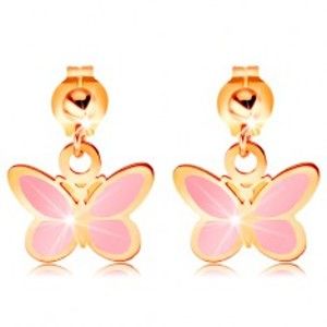 Šperky eshop - Zlaté náušnice 585 - lesklá gulička a visiaci ružový motýlik, glazúra GG167.03