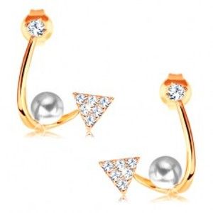 Šperky eshop - Zlaté náušnice 585 - lesklá zahnutá línia, ligotavý trojuholník, perla a zirkón GG117.07