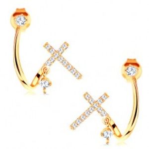Šperky eshop - Zlaté náušnice 585 - lesklá zahnutá línia, trblietavý krížik a číre zirkóny GG117.04