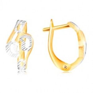 Šperky eshop - Zlaté náušnice 585 - lesklé zvlnené línie zdobené zárezmi a bielym zlatom GG217.56